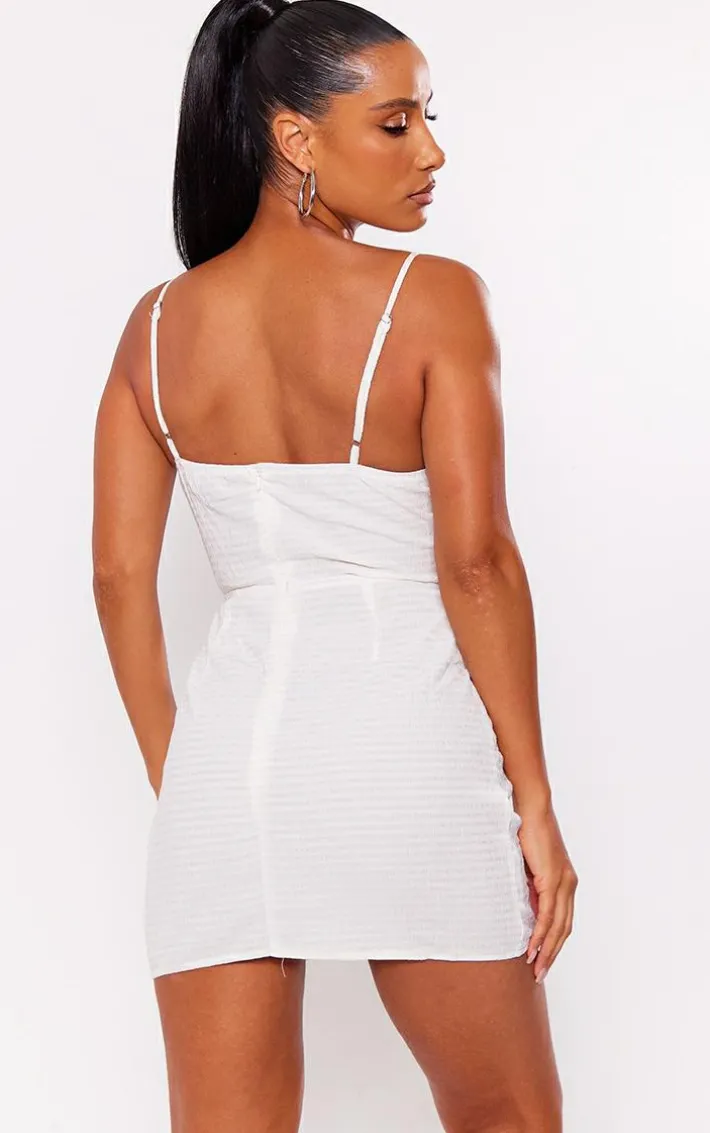 Cream Textured Stripe Corset Cowl Bodycon Dress
