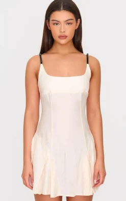 Cream Textured Woven Buckle Detail Shift Dress