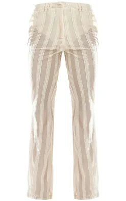 Cream Textured Woven Flare Pants