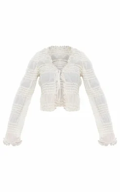 Cream Textured Woven Frill Tie Long Top