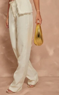 Cream Textured Woven Raw Hem Low Rise Straight Leg Pants