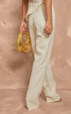 Cream Textured Woven Raw Hem Low Rise Straight Leg Pants