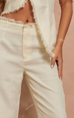Cream Textured Woven Raw Hem Low Rise Straight Leg Pants