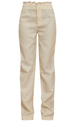 Cream Textured Woven Raw Hem Low Rise Straight Leg Pants