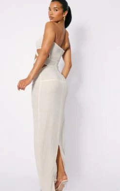 Cream Textured Woven Ring Detail Cut Out Bandeau Maxi Dress