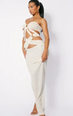 Cream Textured Woven Ring Detail Cut Out Bandeau Maxi Dress