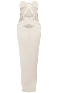 Cream Textured Woven Ring Detail Cut Out Bandeau Maxi Dress