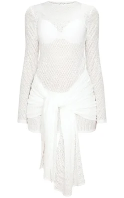 Cream Textured Wrap Bodycon Dress