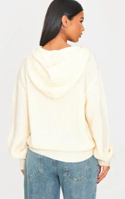 Cream Thick Rib Knit Zip Up Hoodie