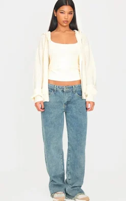 Cream Thick Rib Knit Zip Up Hoodie