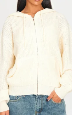 Cream Thick Rib Knit Zip Up Hoodie