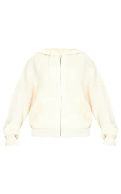 Cream Thick Rib Knit Zip Up Hoodie
