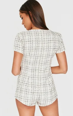 Cream Tweed Short Sleeve Button Detail Romper