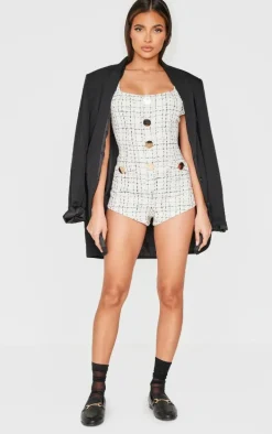 Cream Tweed Short Sleeve Button Detail Romper