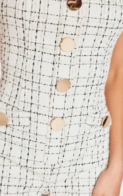 Cream Tweed Short Sleeve Button Detail Romper