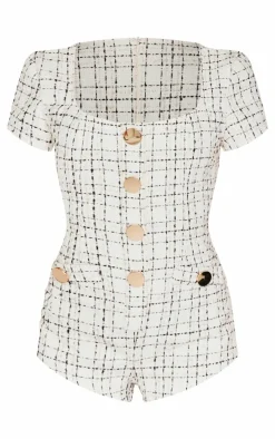 Cream Tweed Short Sleeve Button Detail Romper