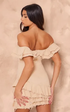 Cream Twill Bardot Frayed Edge Tiered Shift Dress