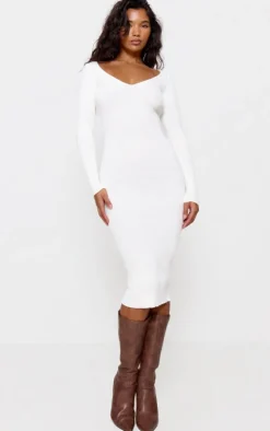 Cream V Neck Knit Midi Dress