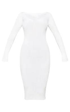 Cream V Neck Knit Midi Dress