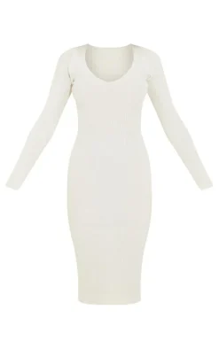 Cream V Neck Knit Midi Dress