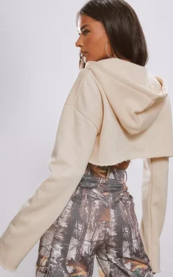 Cream V Neck Raw Hem Cropped Hoodie