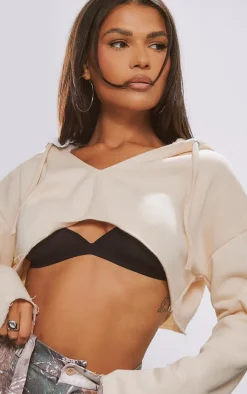 Cream V Neck Raw Hem Cropped Hoodie