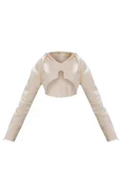 Cream V Neck Raw Hem Cropped Hoodie