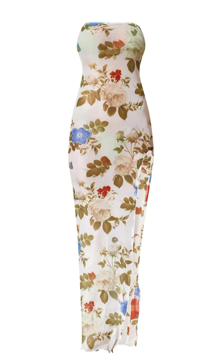 Cream Vintage Floral Mesh Bandeau Cut Out Beach Dress