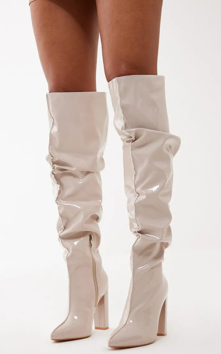 Cream Vinyl Point Toe Seam Detail Over The Knee High Block Heeled Boots