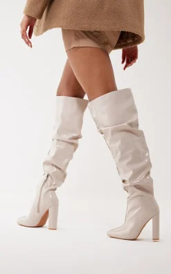 Cream Vinyl Point Toe Seam Detail Over The Knee High Block Heeled Boots