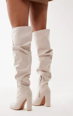 Cream Vinyl Point Toe Seam Detail Over The Knee High Block Heeled Boots