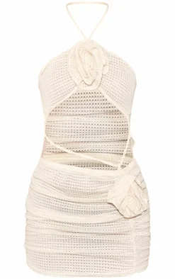 Cream Waffle Texture Halterneck Cut Out Flower Bodycon Dress