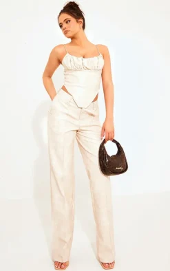 Cream Washed Faux Leather Dip Waist Flared Pants