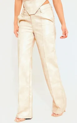 Cream Washed Faux Leather Dip Waist Flared Pants