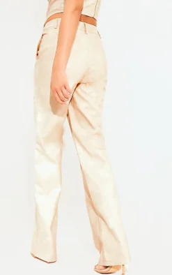 Cream Washed Faux Leather Dip Waist Flared Pants