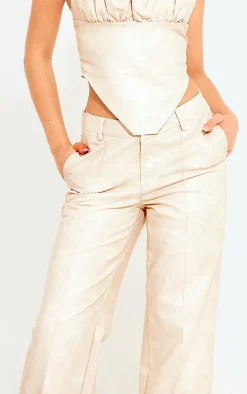 Cream Washed Faux Leather Dip Waist Flared Pants