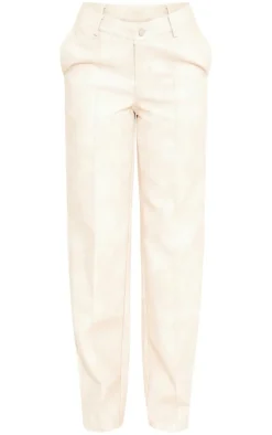 Cream Washed Faux Leather Dip Waist Flared Pants