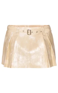 Cream Washed Faux Leather Belted Pleated Micro Mini Skirt