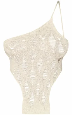 Cream Wave Knit Distressed Detail Asymmetric Top
