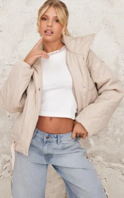 Cream Wave Quilted Contrast Binding Longline Jacket