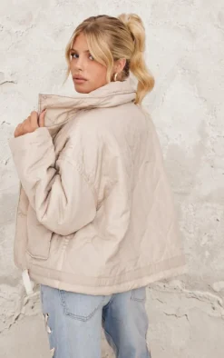 Cream Wave Quilted Contrast Binding Longline Jacket