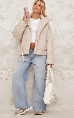 Cream Wave Quilted Contrast Binding Longline Jacket