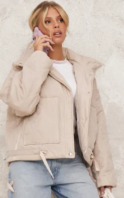 Cream Wave Quilted Contrast Binding Longline Jacket