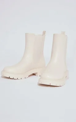 Cream Wide Fit Basic Pu Round Toe Chelsea Boots