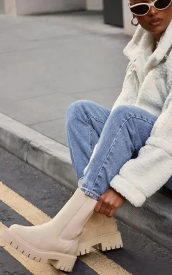 Cream Wide Fit Faux Suede Ribbed Chunky Sole Chelsea Ankle Boots