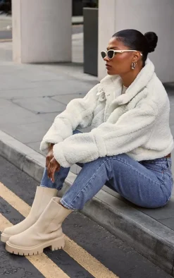 Cream Wide Fit Faux Suede Ribbed Chunky Sole Chelsea Ankle Boots