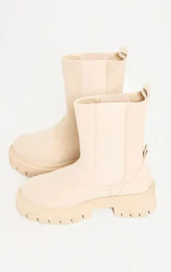 Cream Wide Fit Faux Suede Ribbed Chunky Sole Chelsea Ankle Boots