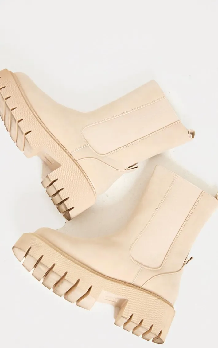 Cream Wide Fit Faux Suede Ribbed Chunky Sole Chelsea Ankle Boots