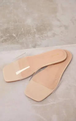 Cream Wide Fit PU Clear Strap Mule Sandals