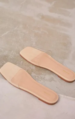 Cream Wide Fit PU Clear Strap Mule Sandals